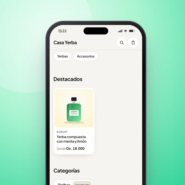 Celular con la tienda online de una yerbatería con productos destacados y categorías