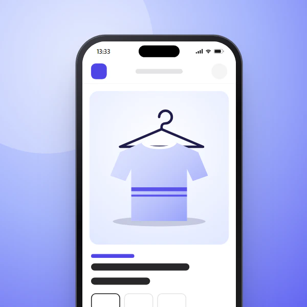 Ilustración de una remera colgada en una percha, en la pantalla de un celular