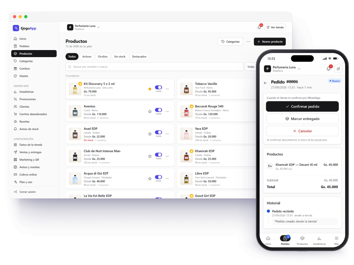 Panel de EjoguApp en la compu con la lista de productos, precios en guaraníes y stock, y en el celular el detalle de un pedido con los botones para confirmarlo o marcarlo como entregado